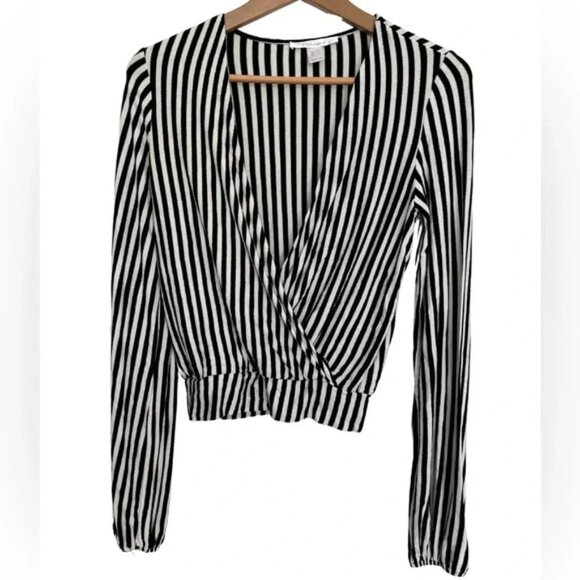 Revamped Tops - Revamped Black and White Striped Wrap V Neck Blouse size small
